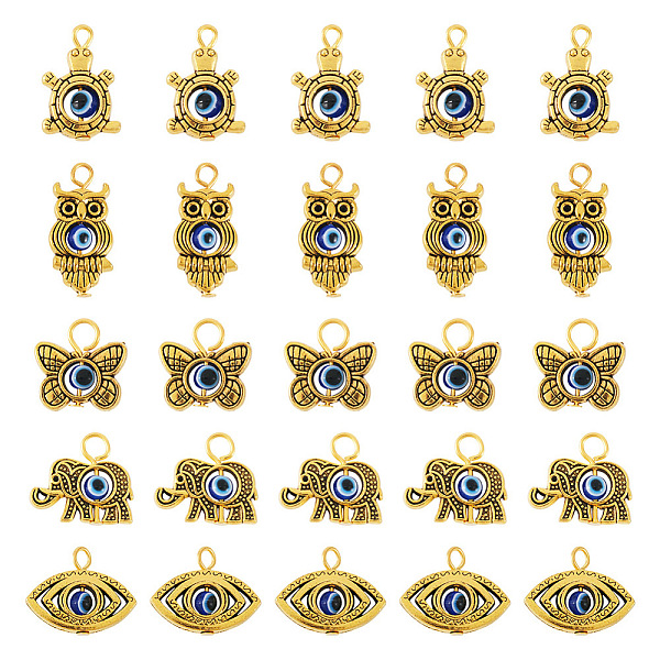

PandaHall Tibetan Style Alloy Pendant, with Evil Eye Resin Bead, Antique Golden, 16~24mm, Hole: 2.5~3mm, 5pcs/set Alloy Mixed Shapes