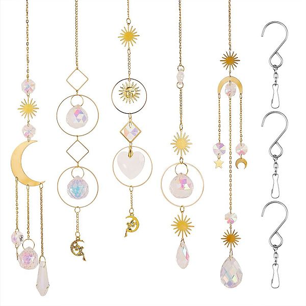 

PandaHall Brass Wind Chime Ornament, Moon & Star & Sun & Fairy & Ring & Rhombus with Glass Beads, for Wall Hangings Decoration, with...