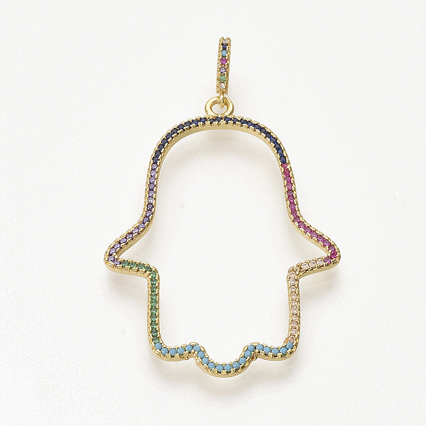 

PandaHall Brass Micro Pave Cubic Zirconia Pendants, Hamsa Hand/Hand of Fatima/Hand of Miriam, Colorful, Golden, 48x35.5x2.5mm, Hole...