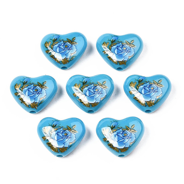 

PandaHall Flower Printed Opaque Acrylic Heart Beads, Deep Sky Blue, 16x19x8mm, Hole: 2mm Acrylic Heart