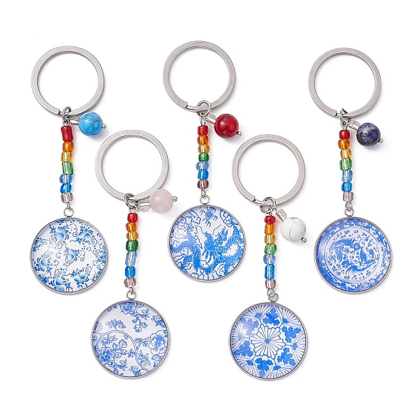 

PandaHall Blue and White Floral Printed Glass Keychains, with Gemstone Beads and Glass Seed Beads, 304 Stainless Steel Split Key Rings, Half...