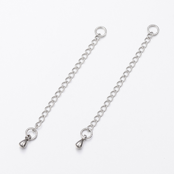 

PandaHall 304 Stainless Steel Chain Extender, Curb Chains, with Teardrop Charms, Stainless Steel Color, 62x2.5mm, Hole: 3.5mm, Jump Rings...