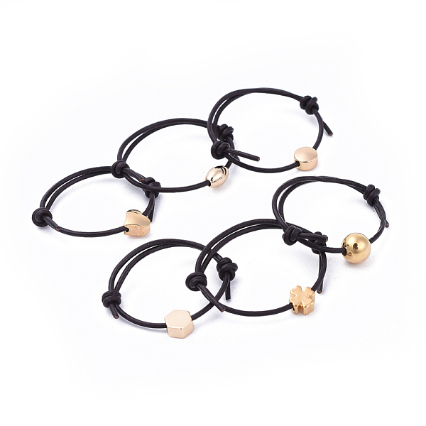

PandaHall Adjustable Cowhide Leather Cord Finger Rings, with Brass Beads, Mixed Shapes, Black, Real 18K Gold Plated, Size 10, 20mm Brass...