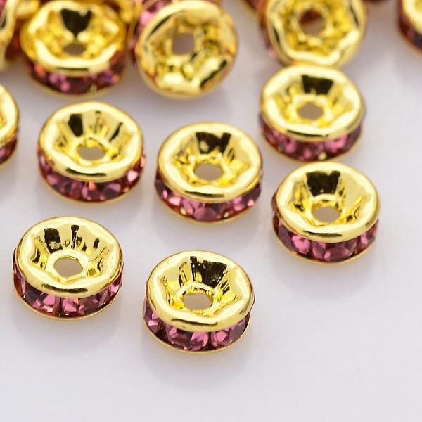 

PandaHall Brass Rhinestone Spacer Beads, Grade A, Straight Flange, Golden Metal Color, Rondelle, Rose, 6x3mm, Hole: 1mm Brass+Rhinestone..., Pink