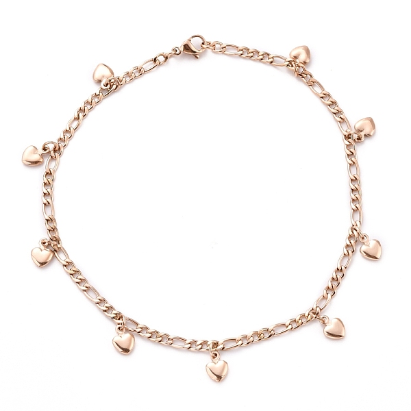 

PandaHall 304 Stainless Steel Charm Anklets, with Figaro Chains, Heart, Rose Gold, 9-5/8 inch(24.5cm) Stainless Steel