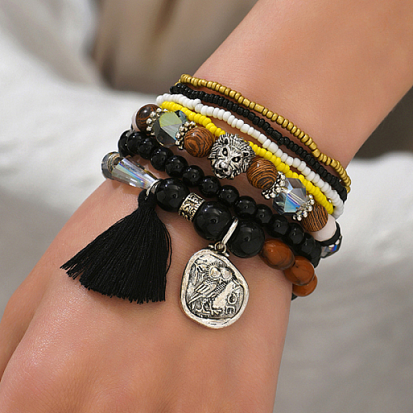 

PandaHall 7Pcs 7 Style Stackable Bracelet Sets, Glass Seed Beaded Stretch Bracelets, with Alloy Lion Owl, Mixed Color, Inner Diameter..., Multicolor