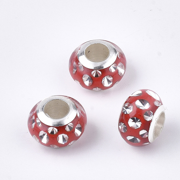 

PandaHall Resin European Beads, Large Hole Beads, with Rhinestone & Platinum Tone Brass Single Core, Rondelle, Red, 11.5x8mm, Hole: 5mm...