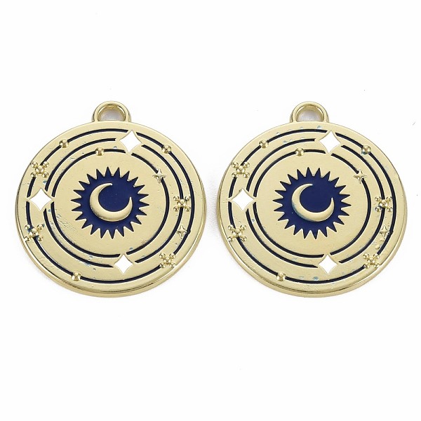 

PandaHall Rack Plating Alloy Pendants, with Enamel, Cadmium Free & Lead Free, Flat Round with Moon, Light Gold, Blue, 27.5x25x1.5mm, Hole...