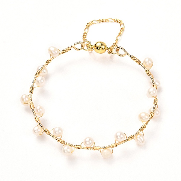 

PandaHall Natural Pearl Braided Bangle for Girl Women, Brass Cuff Bangles with Magnetic Clasps, Golden, Inner Diameter: 2.24~2.48 inch..., White