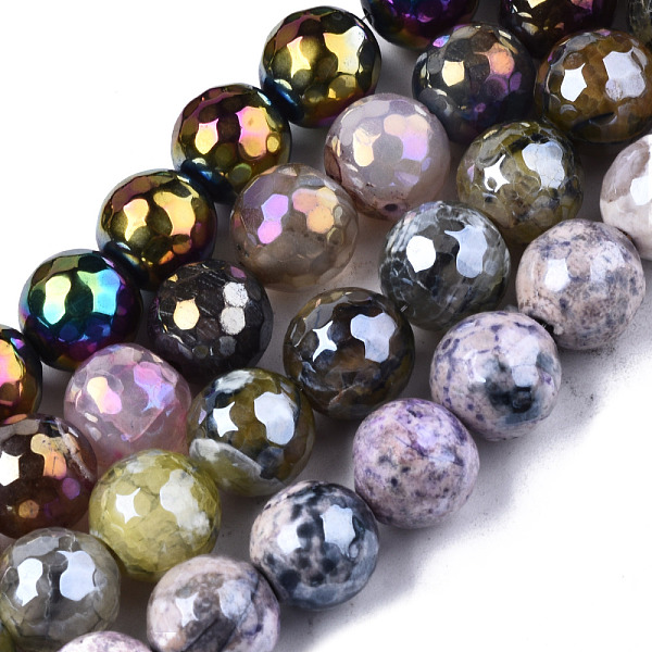 

PandaHall Natural Agate Beads Strands, Pearl Luster Plated, Faceted, Round, Mixed Color, 9~10mm, Hole: 1mm, about 37pcs/strand, 14.17..., Multicolor