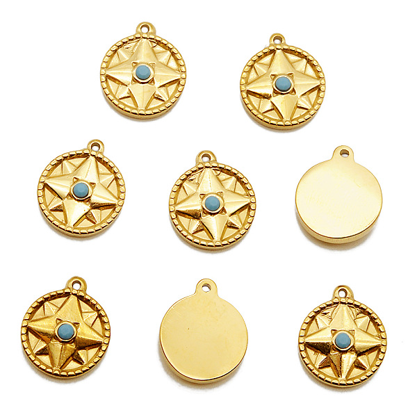 

PandaHall 201 Stainless Steel Pendants, with Synthetic Turquoise, Flat Round with Star, Golden, 17x14x3.5mm, Hole: 1.4mm 201 Stainless Steel...