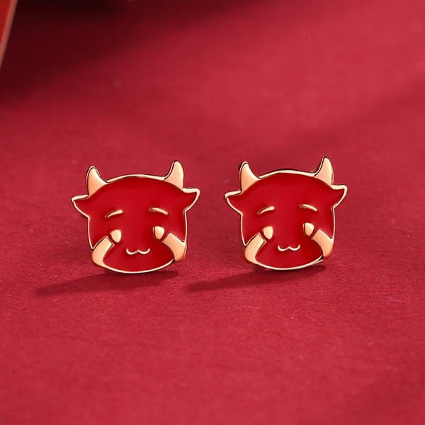 PandaHall 925 Sterling Silver Stud Earrings, with Enamel, Cow, Red, Rose Gold Sterling Silver Red