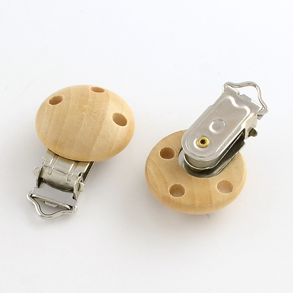 

PandaHall Wooden Baby Pacifier Holder Clip with Iron Clasp, Flat Round, Platinum, BurlyWood, 28x28mm, Hole: 4mm Wood Orange