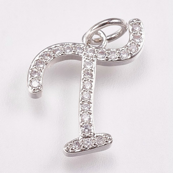 

PandaHall Brass Micro Pave Cubic Zirconia Letter Pendants, Platinum, Letter.T, 13x16x2mm, Hole: 3mm Brass+Cubic Zirconia Letter T Clear