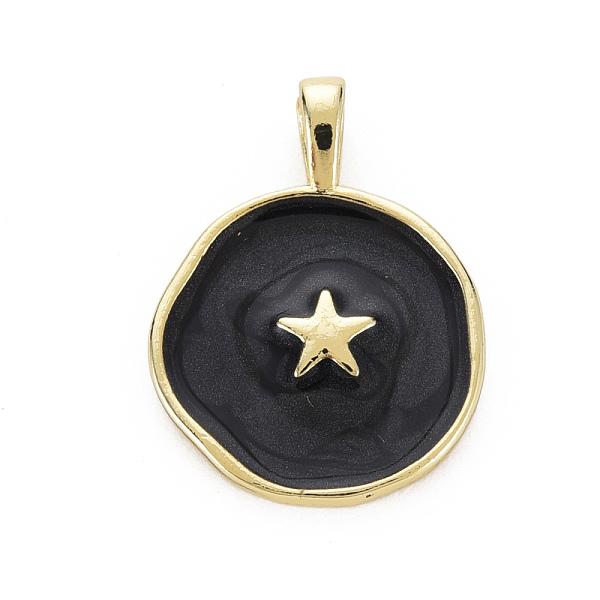 

PandaHall Brass Enamel Pendants, Cadmium Free & Nickel Free & Lead Free, Real 16K Gold Plated, Flat Round with Star, Black, 20.5x15.5x4.5mm...
