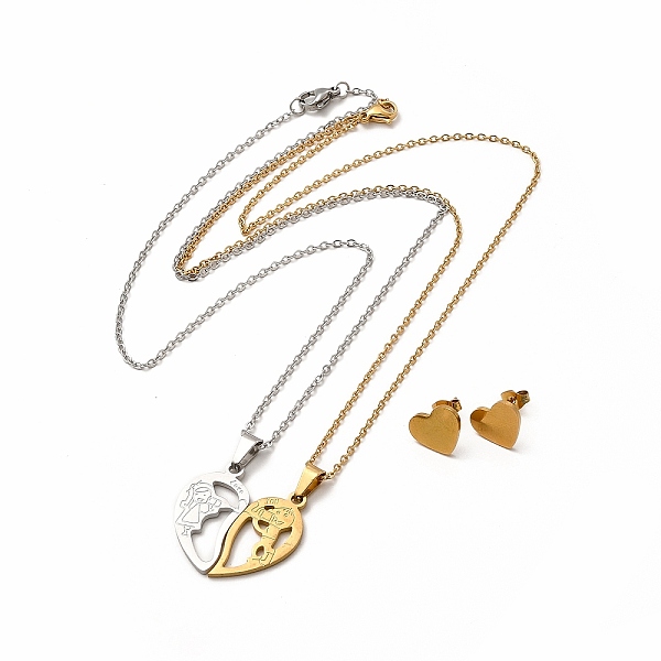

PandaHall Heart with Boy & Girl Matching Couple Pendant Necklaces & Stud Earrings, Vacuum Plating 304 Stainless Steel Word Love You Jewelry...