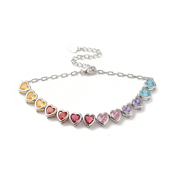 

PandaHall Colorful Cubic Zirconia Heart Link Bracelet, Rack Plating Brass Jewelry for Women, Cadmium Free & Lead Free, Platinum, 7-3/8 inch...