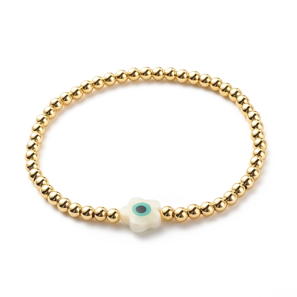 

PandaHall Brass Round & Shell Flower Beaded Stretch Bracelet for Women, Golden, Inner Diameter: 2-1/4 inch(5.6cm) Brass