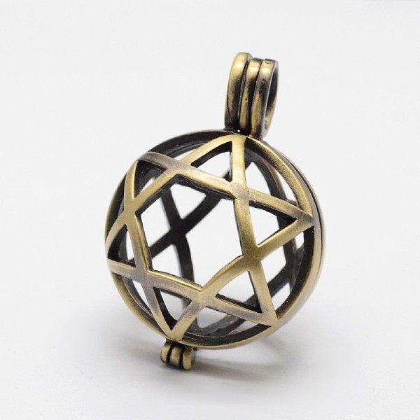 PandaHall Filigree Round with Star of David Brass Locket Pendants, for Jewish, Cage Pendants, Lead Free & Cadmium Free, Antique Bronze...