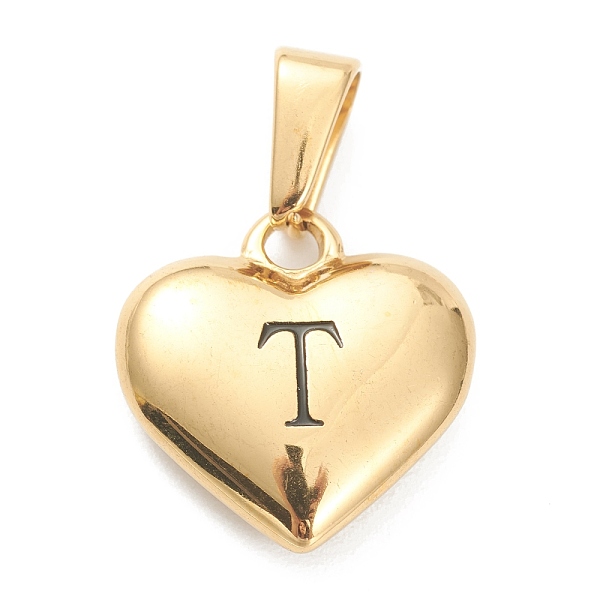 

PandaHall 304 Stainless Steel Pendants, Heart with Black Letter, Golden, Letter.T, 16x16x4.5mm, Hole: 7x3mm 304 Stainless Steel Letter T