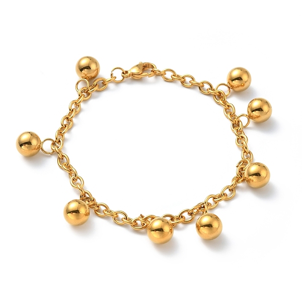 

PandaHall Vacuum Plating 201 Stainless Steel Round Beads Charm Bracelet with 304 Stainless Steel Chains for Women, Golden, 7-1/4 inch...