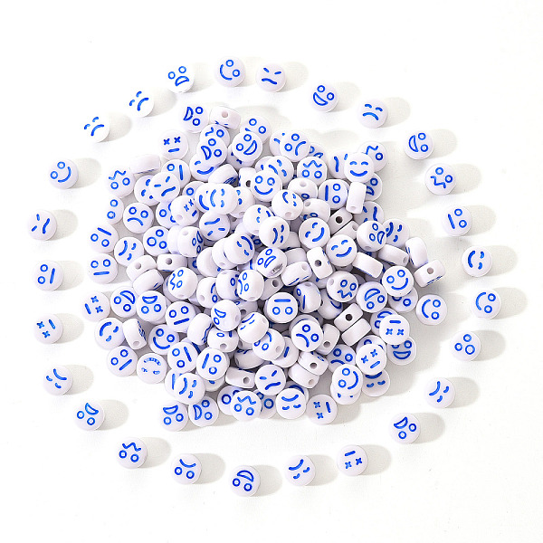 

PandaHall White Opaque Acrylic Beads, Flat Round with Expression, Dodger Blue, 7x4mm, Hole: 1.6mm, 200pcs/set Acrylic Flat Round