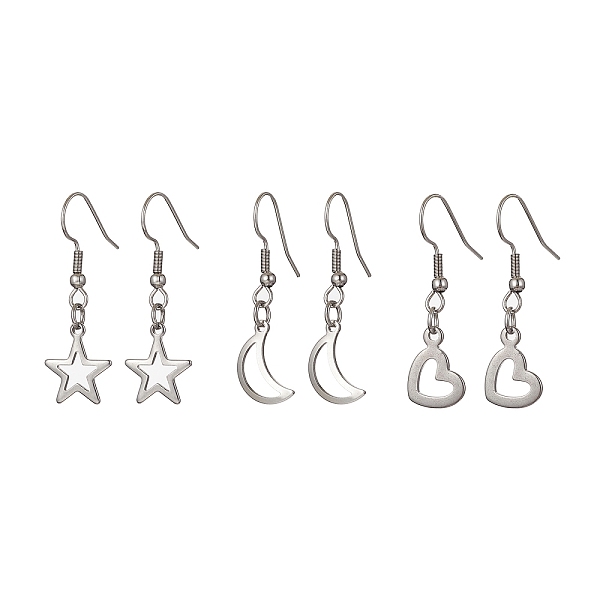 

PandaHall 3 Pair 3 Style 304 Stainless Steel Dangle Earrings, Hollow Moon & Heart & Star, Stainless Steel Color, 35~36x9~12.5mm, 1...