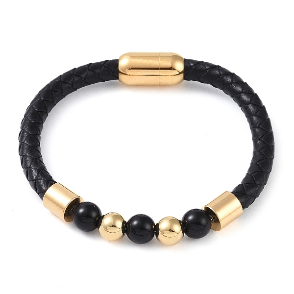

PandaHall Round Natural Black Onyx(Dyed & Heated) Beads Braided Leather Cord Bracelets, with Ion Plating(IP) 304 Stainless Steel Magnetic...