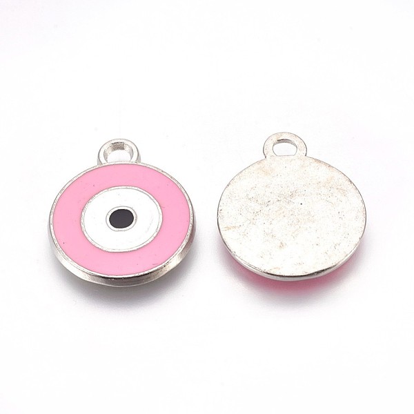 

PandaHall Zinc Alloy Enamel Pendants, Lead Free and Cadmium Free, Flat Round with Evil Eye, Platinum Metal Color, Pink, 21x16x2mm, Hole: 2mm...