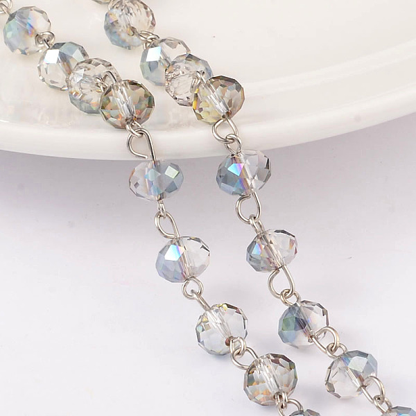 

PandaHall Faceted Rondelle Handmade Electroplate Glass Beads Chains, Unwelded, with Platinum Plated Brass Findings, Green, 39.3 inch, about...