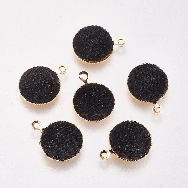 PandaHall Brass Charms, with Velvet, Flat Round, Real 18K Gold Plated, Black, 14x12x3mm, Hole: 1mm Brass Round Black