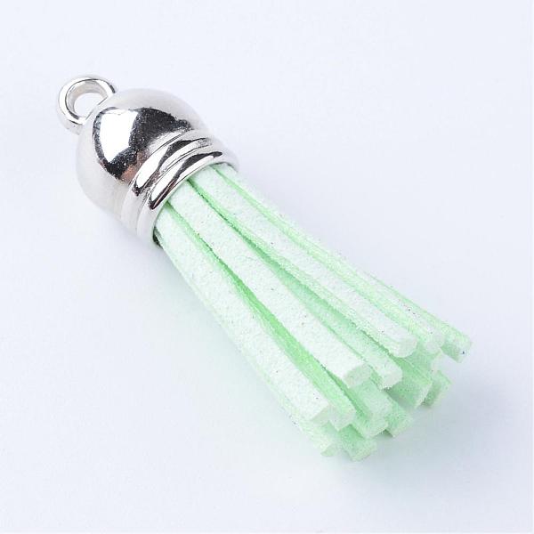 

PandaHall Faux Suede Tassel Pendant Decorations, with CCB Plastic Cord Ends, Platinum, Pale Green, 35~37x10mm, Hole: 1.8mm Faux Suede Green