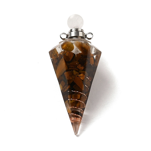 PandaHall Natural Tiger Eye Perfume Bottle Pendants, Resin Faceted Cone Charms with Platinum Plated Brass Screw Cap, 46.5~48x19~20x17~18mm...