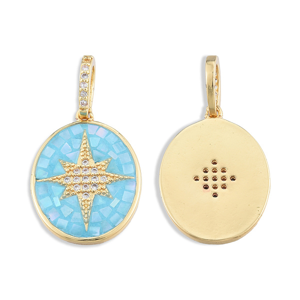 

PandaHall Brass Micro Pave Clear Cubic Zirconia Pendants, with Shell and Enamel, Real 18K Gold Plated, Nickel Free, Oval with Star, Light...