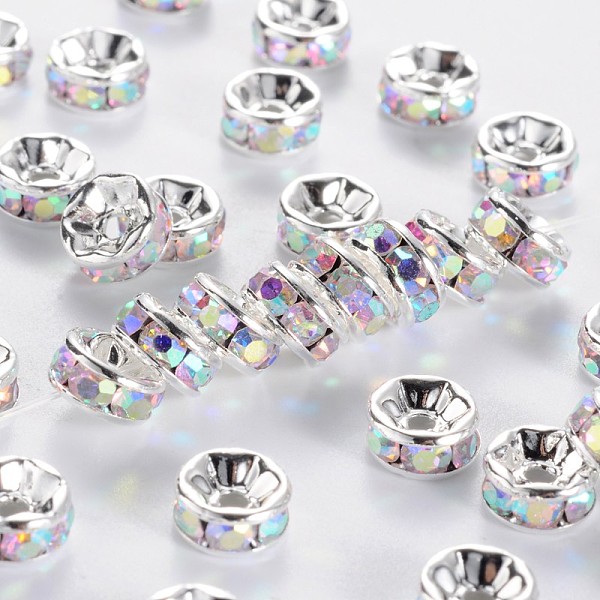 PandaHall Brass Rhinestone Spacer Beads, Grade AAA, Straight Flange, Nickel Free, Silver Color Plated, Rondelle, Crystal AB, 7x3.2mm, Hole...