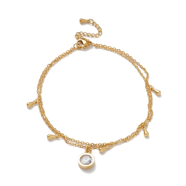 

PandaHall Vacuum Plating 304 Stainless Steel Cable Chains Multi-strand Anklet, Cubic Zirconia & 201 Stainless Steel Teardrop Charm Double..., Clear