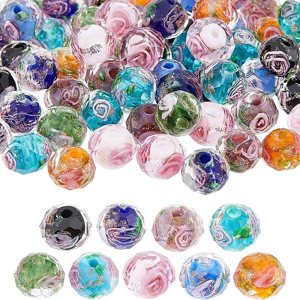 OLYCRAFT 90Pcs Gold Sand Lampwork Beads Strands Handmade Inner Flower Beads Faceted Rondelle Beads for Jewelry Making 8x6mm Mixed Color