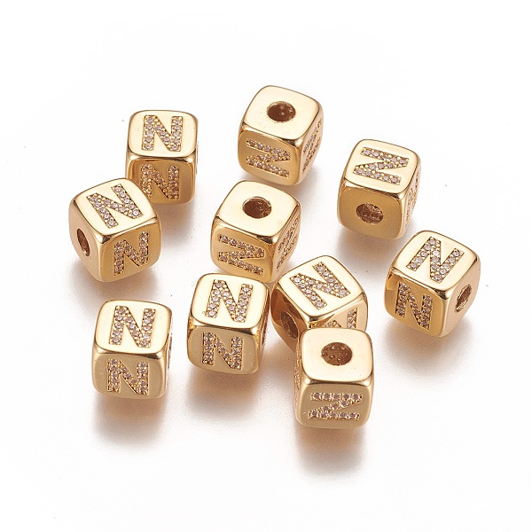 

PandaHall Brass Micro Pave Cubic Zirconia Beads, Horizontal Hole, Real 18K Gold Plated, Long-Lasting Plated, Cube with Letter, Clear...