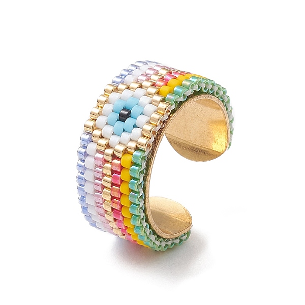 

PandaHall Glass Seed Beaded Evil Eye Open Cuff Rings, Golden Stainless Steel Jewelry, Colorful, Inner Diameter: 17mm Glass