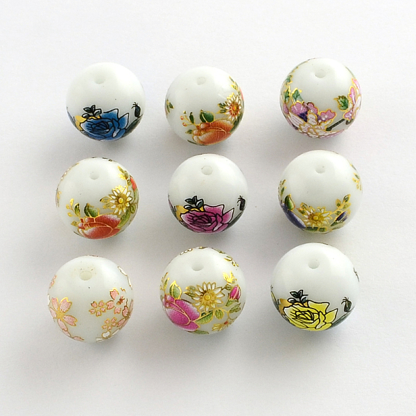 

PandaHall Flower Picture Brushwork Glass Round Beads, Mixed Color, 14x13mm, Hole: 1.5mm Glass Round Multicolor