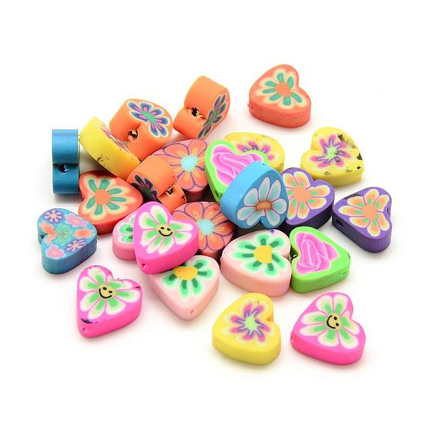 

PandaHall Handmade Polymer Clay Beads, Heart with Flower, Mixed Color, 10x10~11x4mm, Hole: 1~2mm Polymer Clay Heart Multicolor