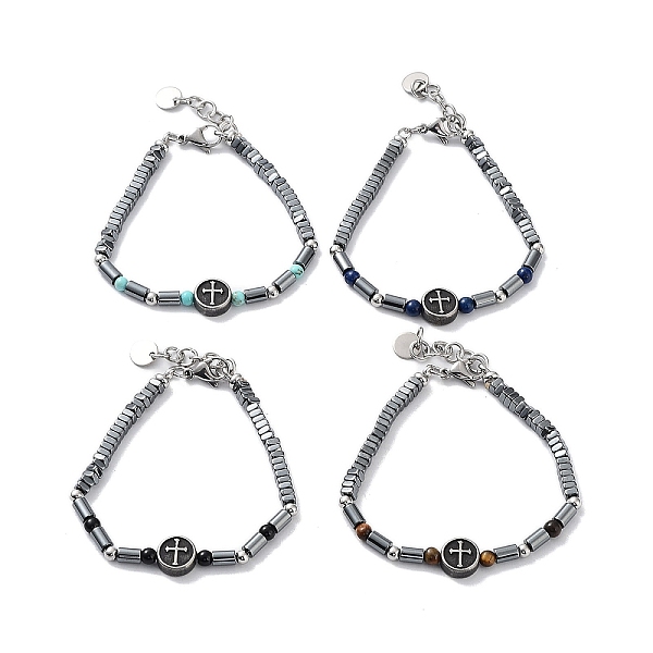 

PandaHall Cross Synthetic Non-magnetic Hematite Beaded Bracelets, Mixed Gemstone Round Bead 201 Stainless Steel Bracelets for Women, 8-5/8...