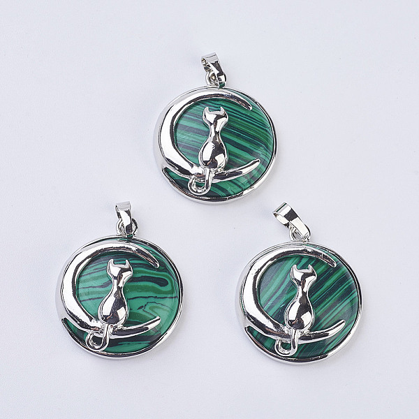 

PandaHall Malachite Kitten Pendants, with Brass Findings, Flat Round with Cat & Crescent Moon Shape, Platinum, 32x27.5x10mm, Hole: 5x7mm...