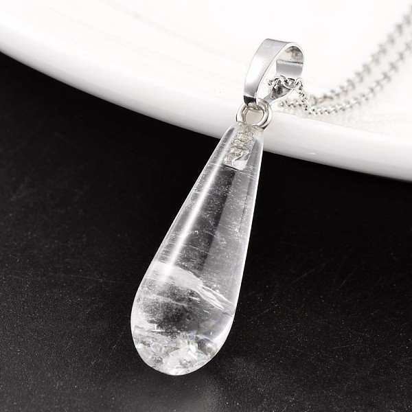 

PandaHall Teardrop Platinum Tone Brass Quartz Crystal Pendants, Rock Crystal, 30x10mm, Hole: 5x8mm Quartz Crystal Teardrop