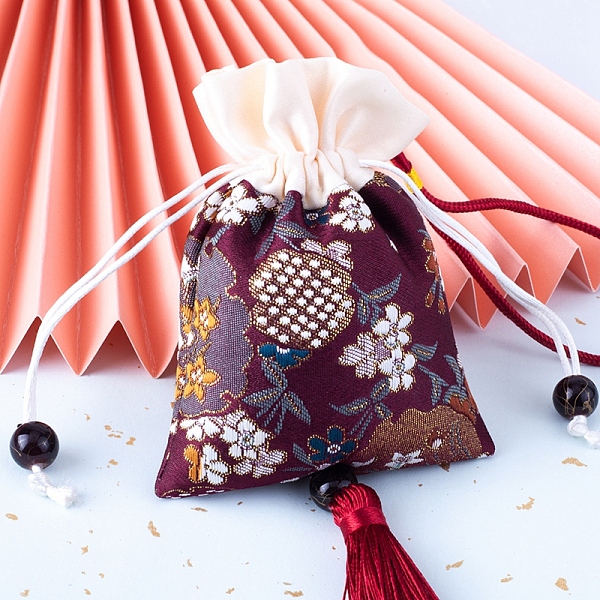 

PandaHall Silk Embroidery Flower Pouches, Drawstring Bag, Rectangle with Tassel, Dark Red, 11.5x8.5cm Silk Rectangle