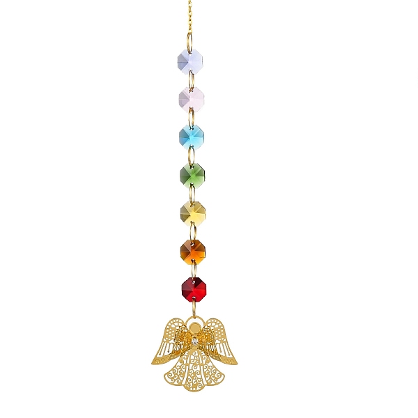 Iron Hanging Ornaments, Glass AB Color Octagonal Beads Tassel Suncatchers for Outdoor Garden Dcorations, Angel & Fairy, 375mm, Angel: 200x48mm