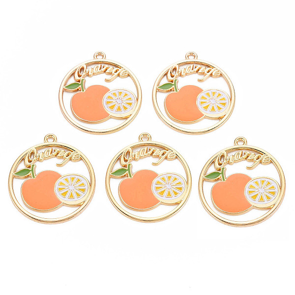 

PandaHall Alloy Enamel Pendants, Cadmium Free & Nickel Free & Lead Free, Light Gold, Ring with Word and Orange, Coral, 31x28x2mm, Hole..., Red