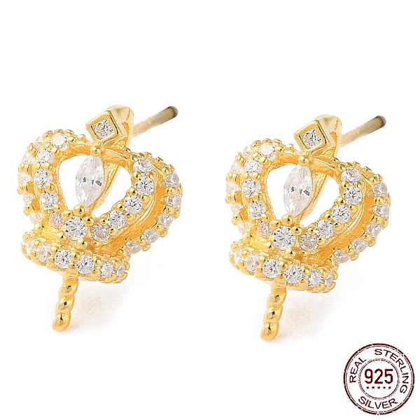 

PandaHall 925 Sterling Silver Stud Earring Findings, with Clear Cubic Zirconia, Crown, for Half Drilled Beads, with S925 Stamp, Real 18K...