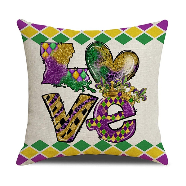 PandaHall Mardi Gras Carnival Theme Linen Pillow Covers, Cushion Cover, for Couch Sofa Bed, Square, Word Love, 450x450x5mm Linen Word
