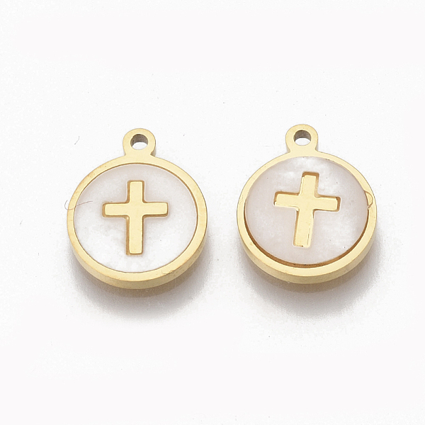 

PandaHall 304 Stainless Steel Charms, with Shell, Flat Round with Cross, Golden, 12x10x1.5mm, Hole: 1.2mm 304 Stainless Steel Flat Round